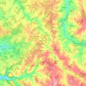 Mapa topográfico Terres-de-Haute-Charente, altitud, relieve