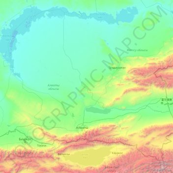 Mapa topográfico Provincia de Almaty, altitud, relieve