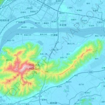 Mapa topográfico 沙浦镇, altitud, relieve