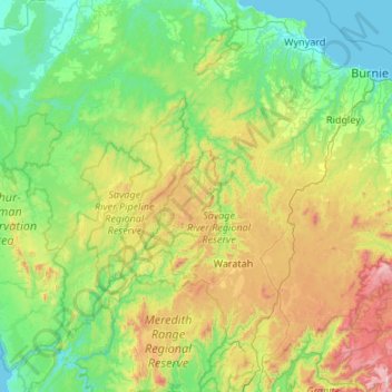 Mapa topográfico Waratah-Wynyard, altitud, relieve
