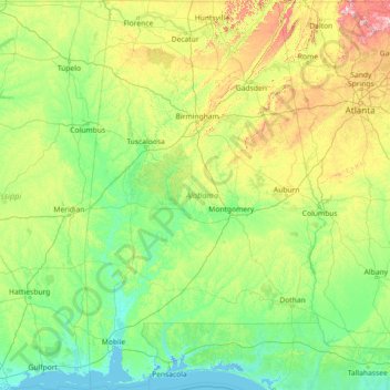 Mapa topográfico Alabama, altitud, relieve
