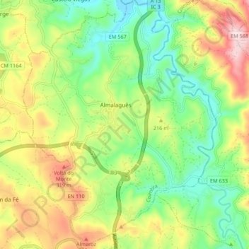 Mapa topográfico Almalaguês, altitud, relieve