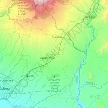 Mapa topográfico Cuauhtémoc, altitud, relieve