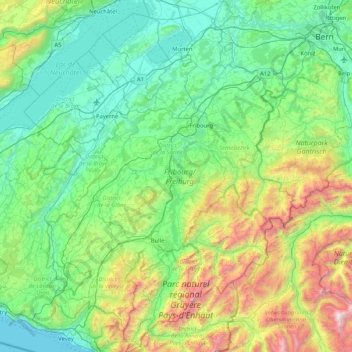 Mapa topográfico Friburgo, altitud, relieve