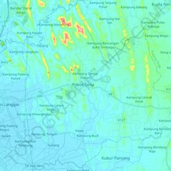 Mapa topográfico Pokok Sena, altitud, relieve