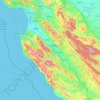 Mapa topográfico Monterey County, altitud, relieve