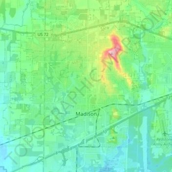 Mapa topográfico Madison, altitud, relieve