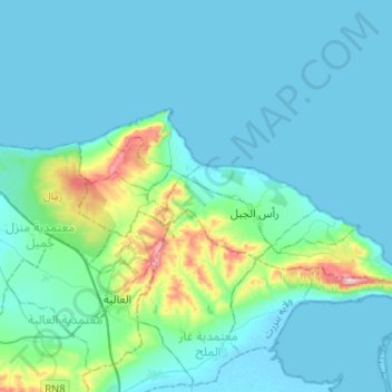 Mapa topográfico Ras Jebel, altitud, relieve