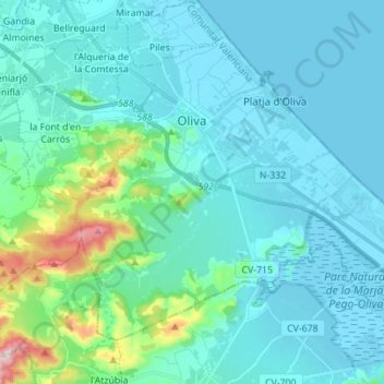 Mapa topográfico Oliva, altitud, relieve