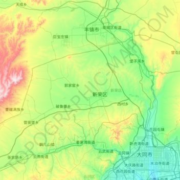 Mapa topográfico 新荣区, altitud, relieve