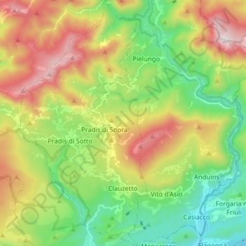 Mapa topográfico Clauzetto, altitud, relieve