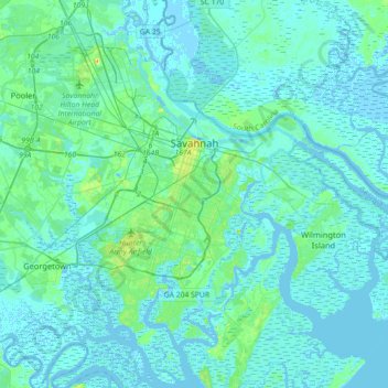 Mapa topográfico Savannah, altitud, relieve