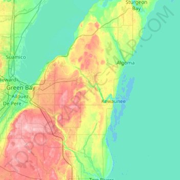 Mapa topográfico Kewaunee County, altitud, relieve