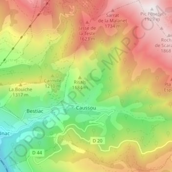Mapa topográfico Caussou, altitud, relieve