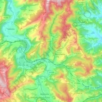 Mapa topográfico Cengio, altitud, relieve