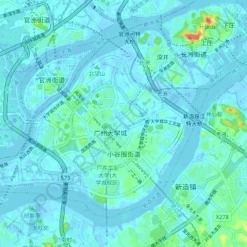 Mapa topográfico 小谷围街道, altitud, relieve