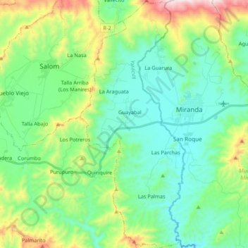 Mapa topográfico Parroquia Guayabal, altitud, relieve