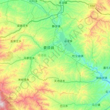 Mapa topográfico 娄烦县, altitud, relieve