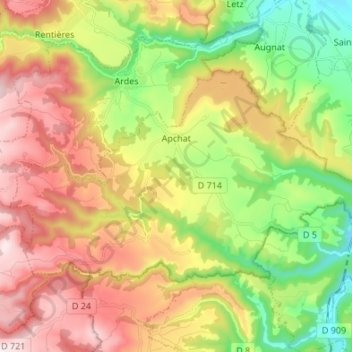Mapa topográfico Apchat, altitud, relieve
