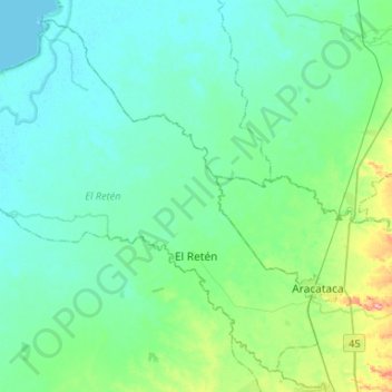Mapa topográfico El Retén, altitud, relieve