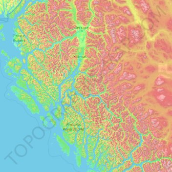 Mapa topográfico Area C (Butedale/Kitlope/Kitsumkalum), altitud, relieve