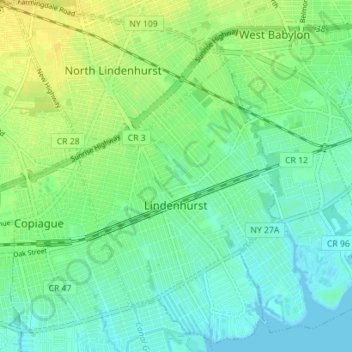 Mapa topográfico Village of Lindenhurst, altitud, relieve