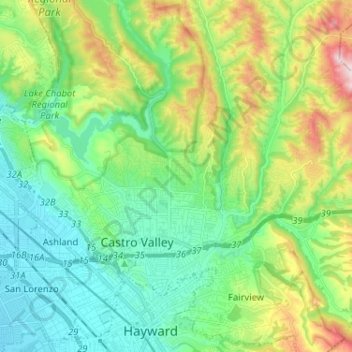 Mapa topográfico Castro Valley, altitud, relieve