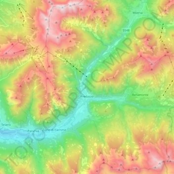 Mapa topográfico Predazzo, altitud, relieve