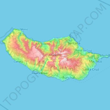 Mapa topográfico Ilha da Madeira, altitud, relieve