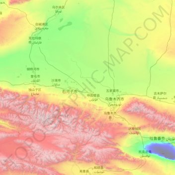 Mapa topográfico Changji, altitud, relieve