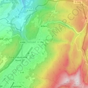 Mapa topográfico Arbent, altitud, relieve