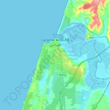 Mapa topográfico Larache, altitud, relieve