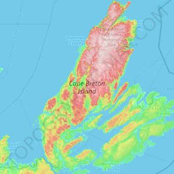 Mapa topográfico Cape Breton Island, altitud, relieve
