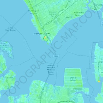 Mapa topográfico Hampton Roads, altitud, relieve