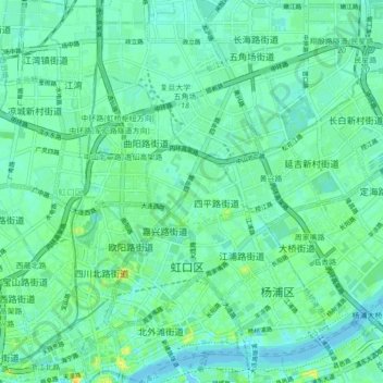 Mapa topográfico 虹口区, altitud, relieve