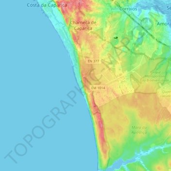 Mapa topográfico Paisagem Protegida da Arriba Fóssil da Costa da Caparica, altitud, relieve