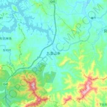 Mapa topográfico 九龙山乡, altitud, relieve