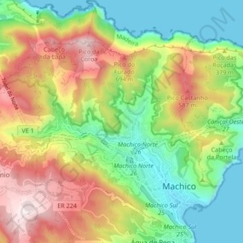 Mapa topográfico Machico, altitud, relieve