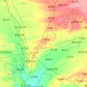 Mapa topográfico 双辽市, altitud, relieve