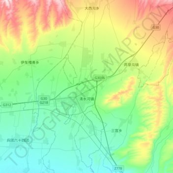 Mapa topográfico 清水河镇, altitud, relieve