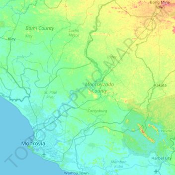 Mapa topográfico Condado de Montserrado, altitud, relieve
