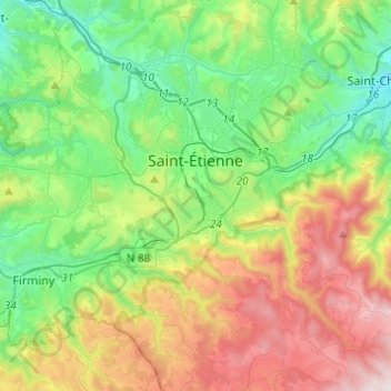 Mapa topográfico Saint-Étienne, altitud, relieve