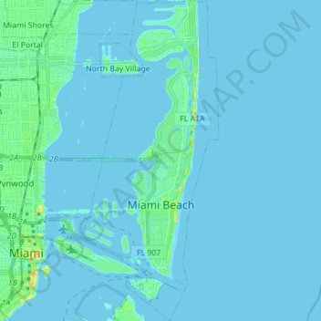 Mapa topográfico Miami Beach, altitud, relieve