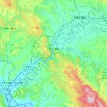 Mapa topográfico Narni, altitud, relieve