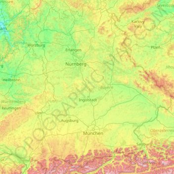 Mapa topográfico Baviera, altitud, relieve