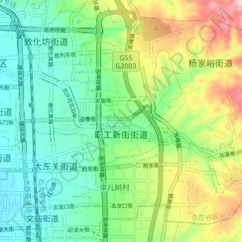 Mapa topográfico 职工新街街道, altitud, relieve