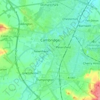 Mapa topográfico Cambridge, altitud, relieve