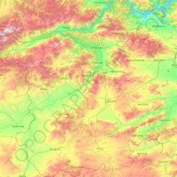 Mapa topográfico Çorum, altitud, relieve