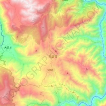 Mapa topográfico 鸣音镇, altitud, relieve
