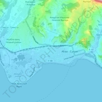 Mapa topográfico Suchum, altitud, relieve